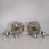 Pair of vintage chrome wall lights with smoked glass globe
