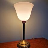 Large Art Deco table lamp, in brass and white opaline, 1920s-3