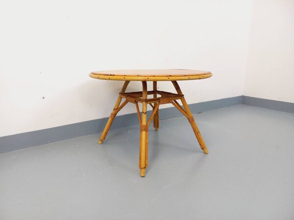 Table basse ronde en rotin et bois vintage des années 60