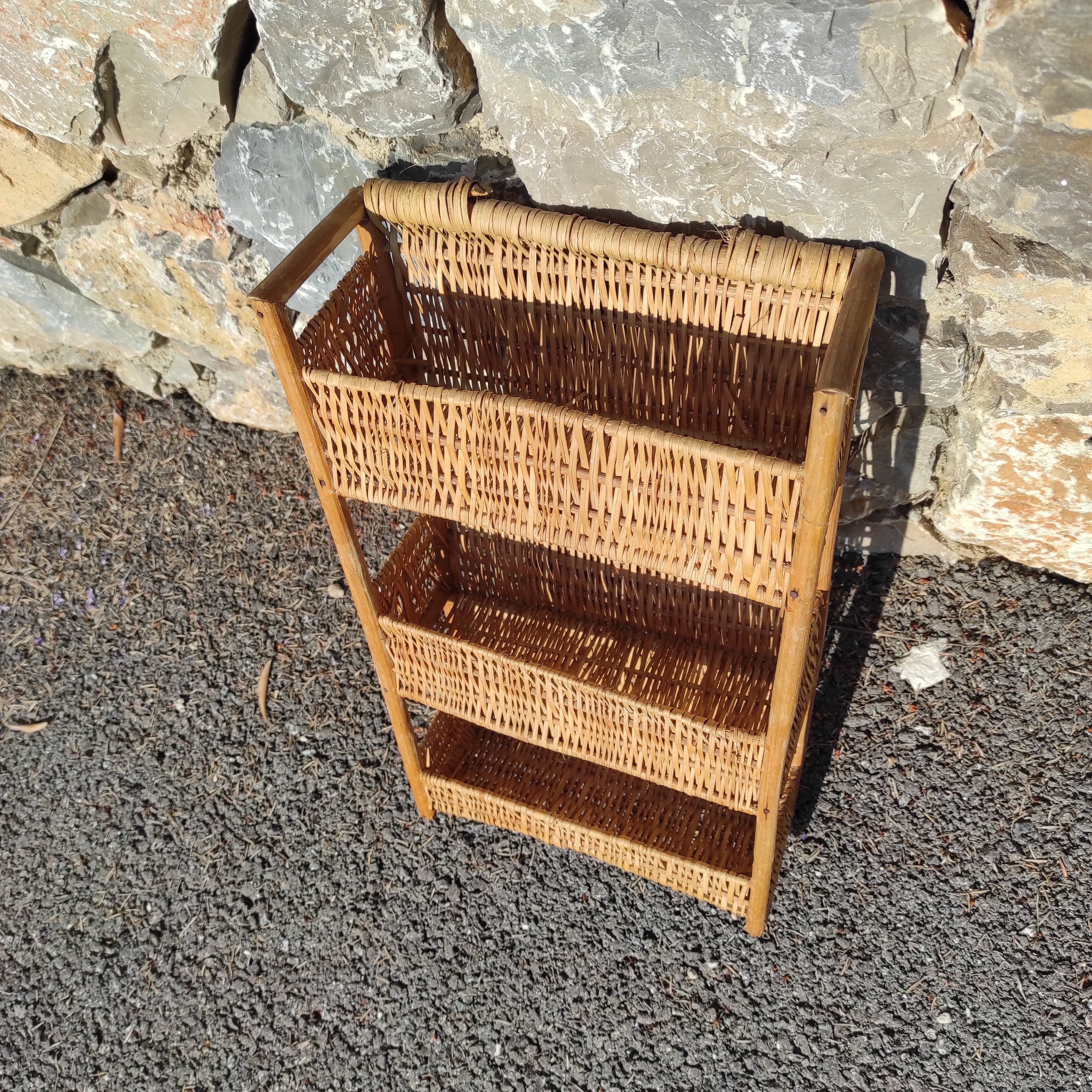 Rattan shelf 46 cm high with 3 floors vintage