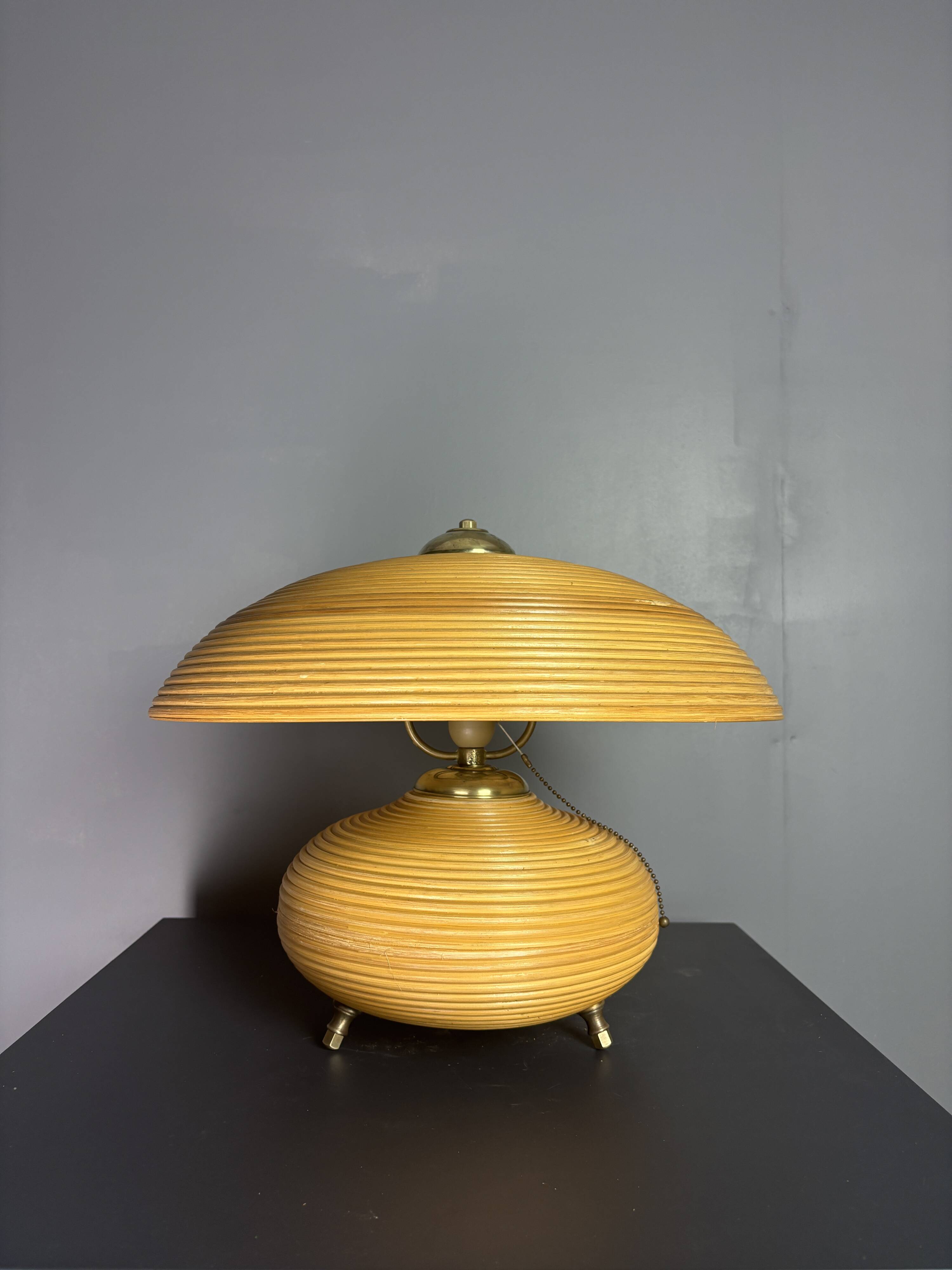 Pencil Reed Rattan Bamboo and Brass Mushroom Table Lamp, Italy, 1970s