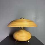 Pencil Reed Rattan Bamboo and Brass Mushroom Table Lamp, Italy, 1970s