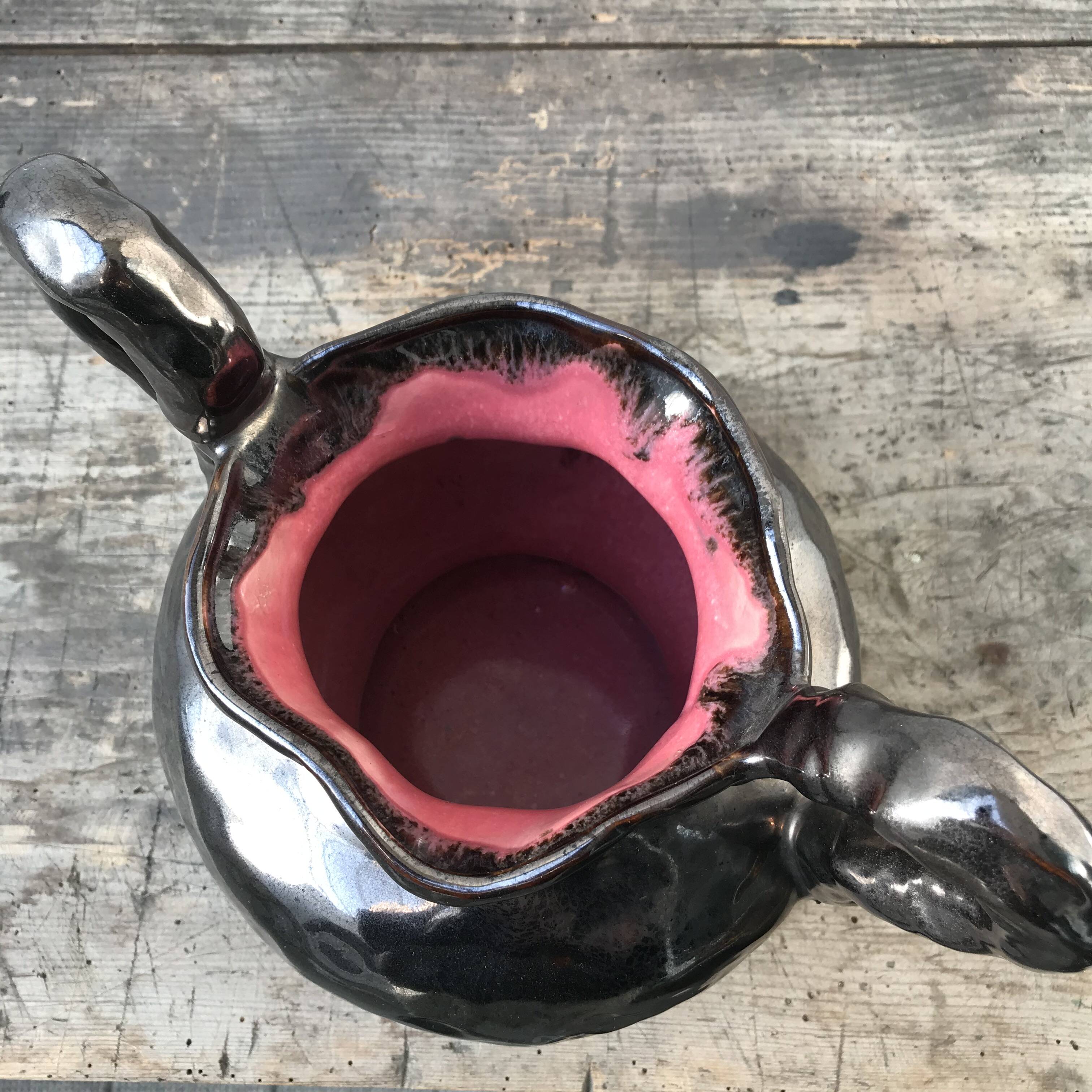 Black Ceramic Vase, pink inside color, signed