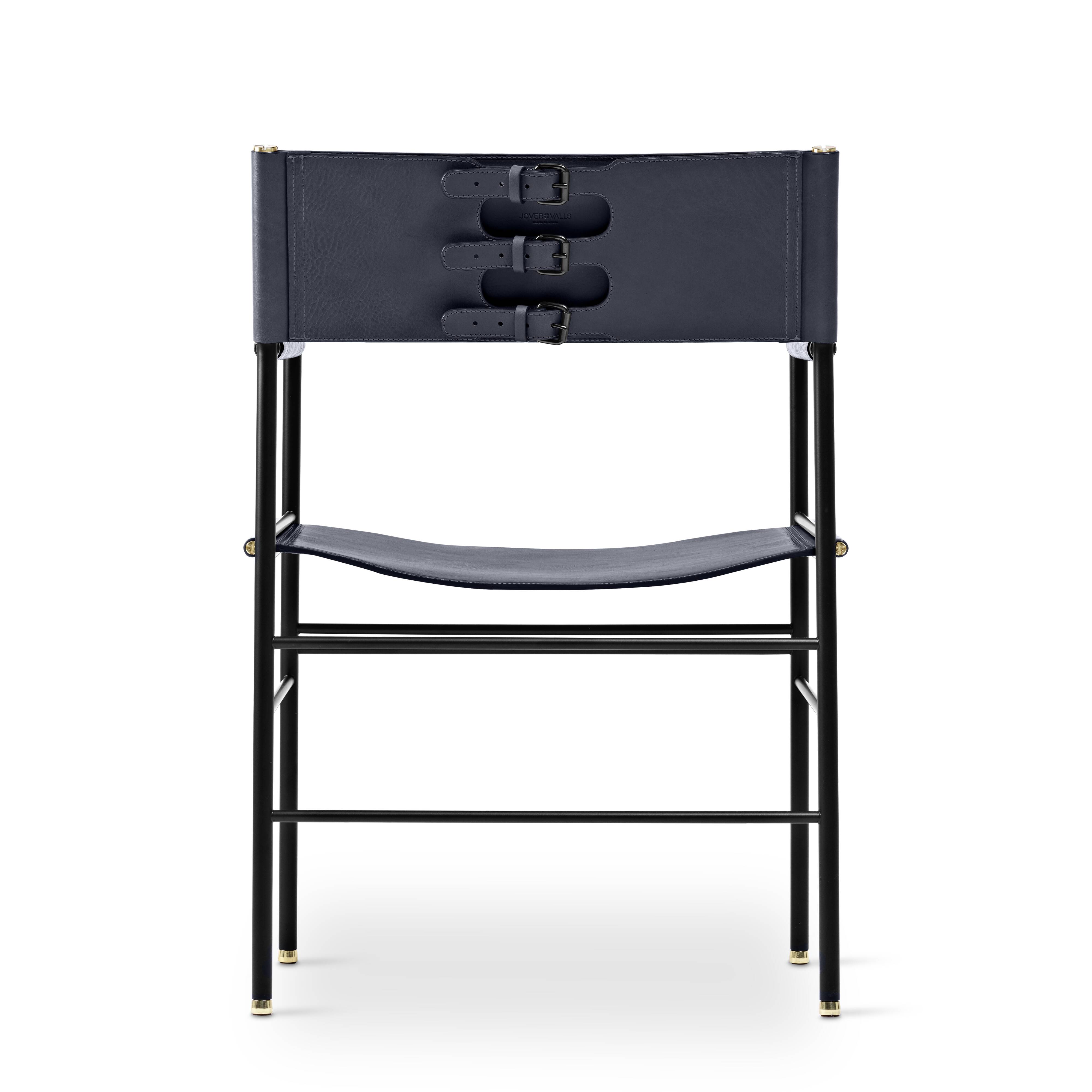 Set of 3 Counter Stools with Navy Blue Leather Backrest and Black Metallic Rubber