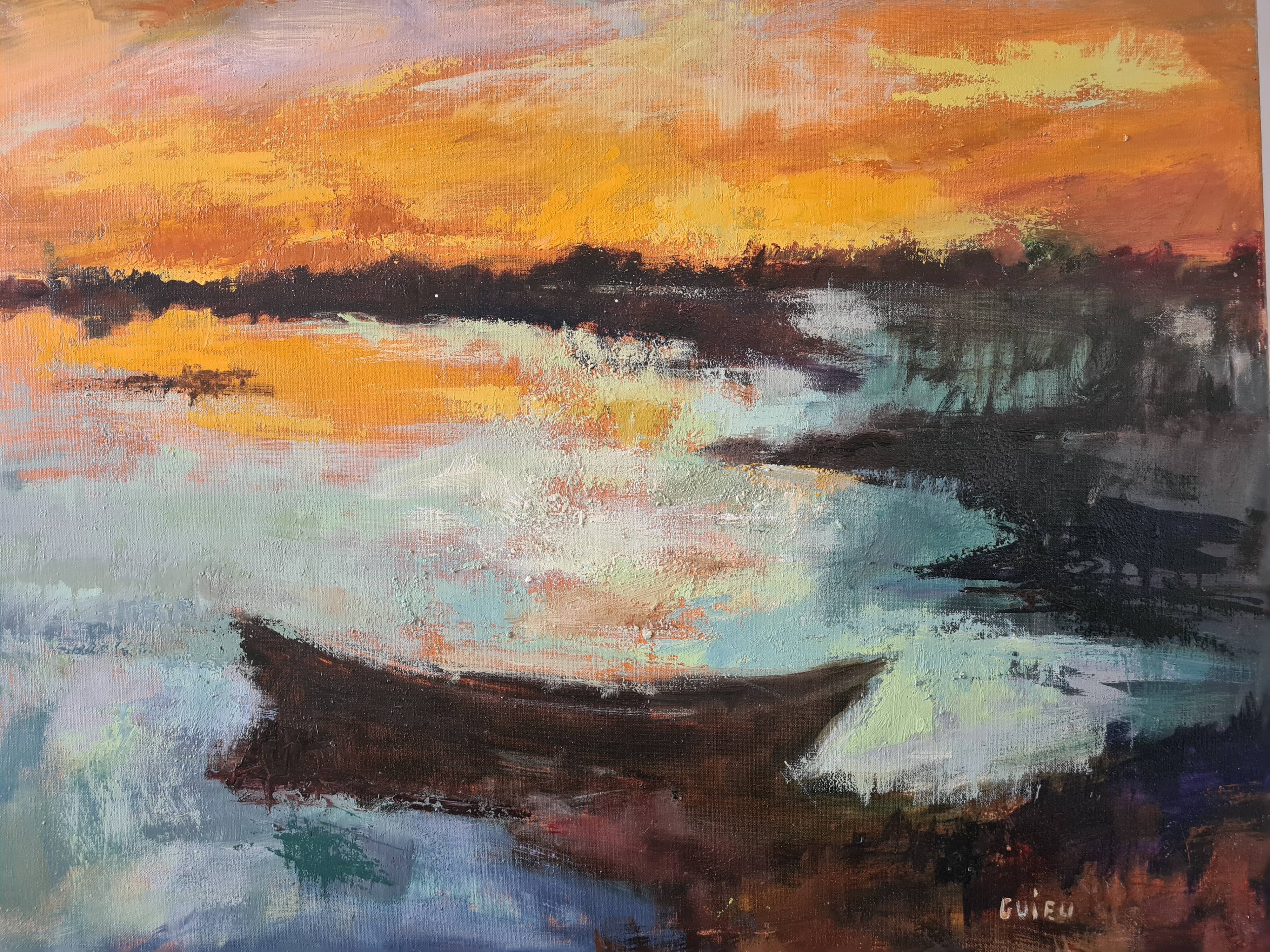 Boat at sunset, oil by Nicole Guieu
