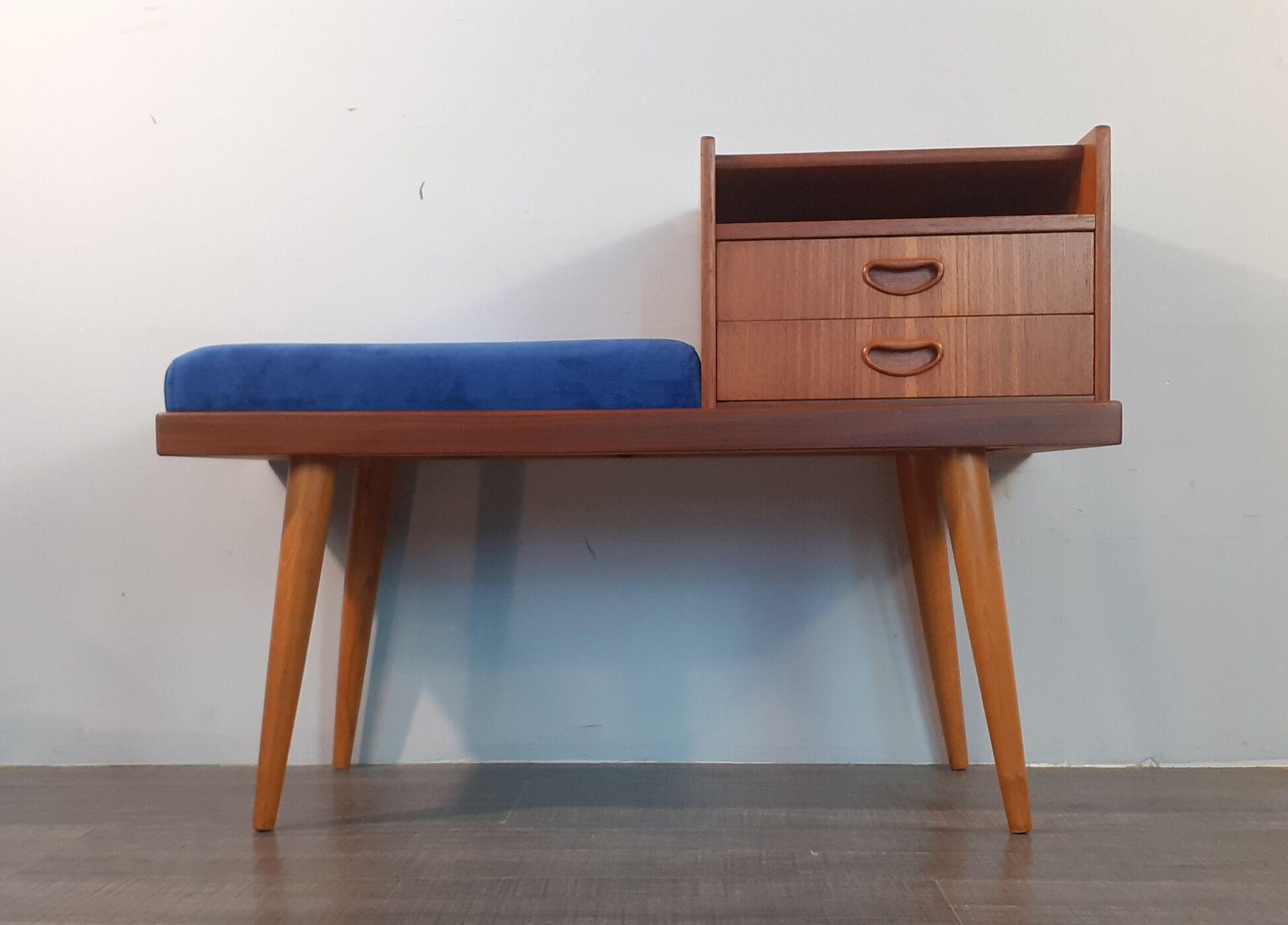 Bench Norwegian Phone Teak and blue fabric, Vintage Scandinavian 1970s