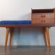 Bench Norwegian Phone Teak and blue fabric, Vintage Scandinavian 1970s