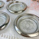 4 vintage glass coasters in glass and silver metal Leonard Silverplate style