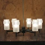 Chandelier space age 6 lights in chrome & glass molded by Hillebrand Lighting, 1960s
