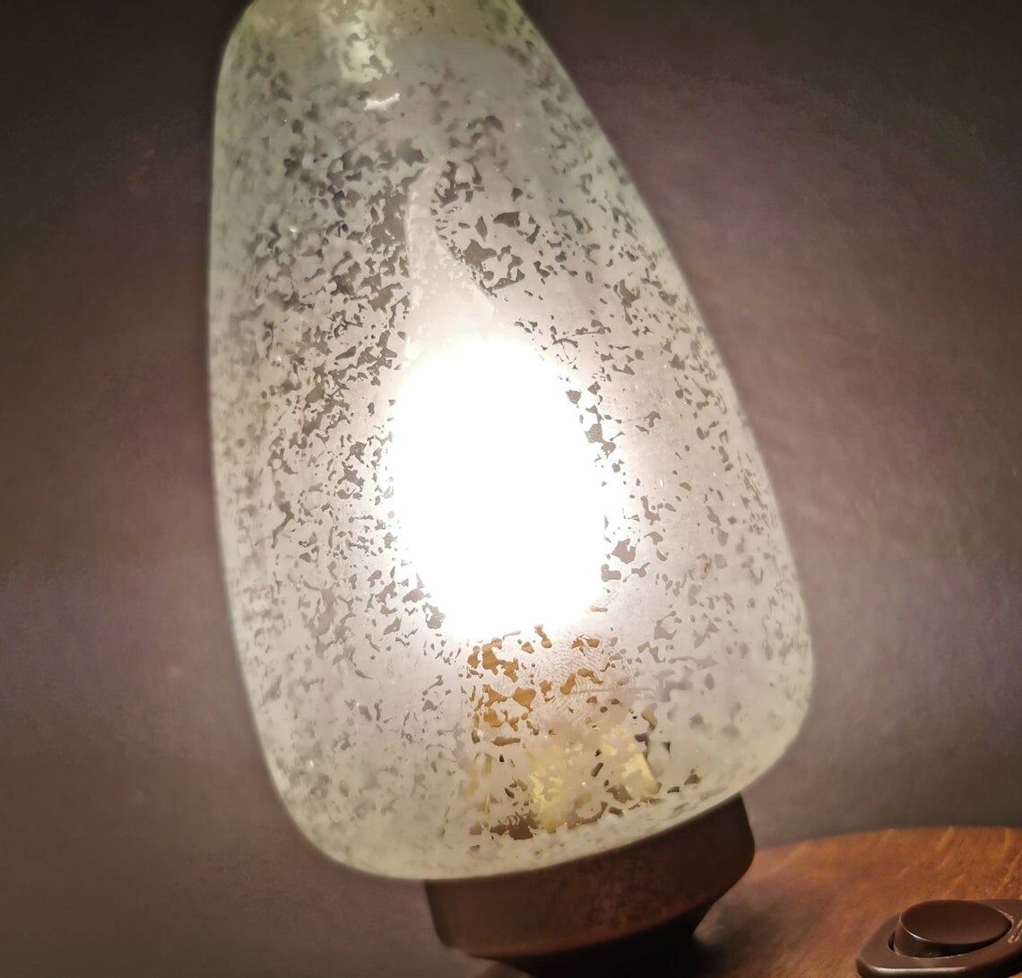 Wooden table lamp with 80s glass cap