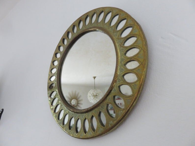 Old round mirror, ethnic, Moroccan, oriental, round brass 70s