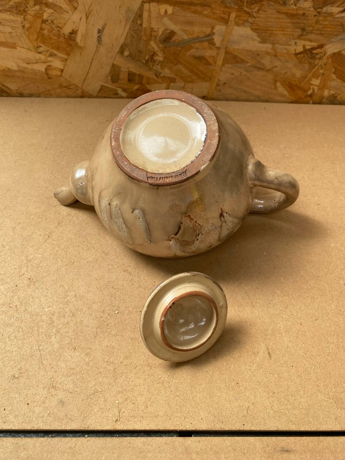 Antique teapot vallauris la roue ceramic beige vintage #b276