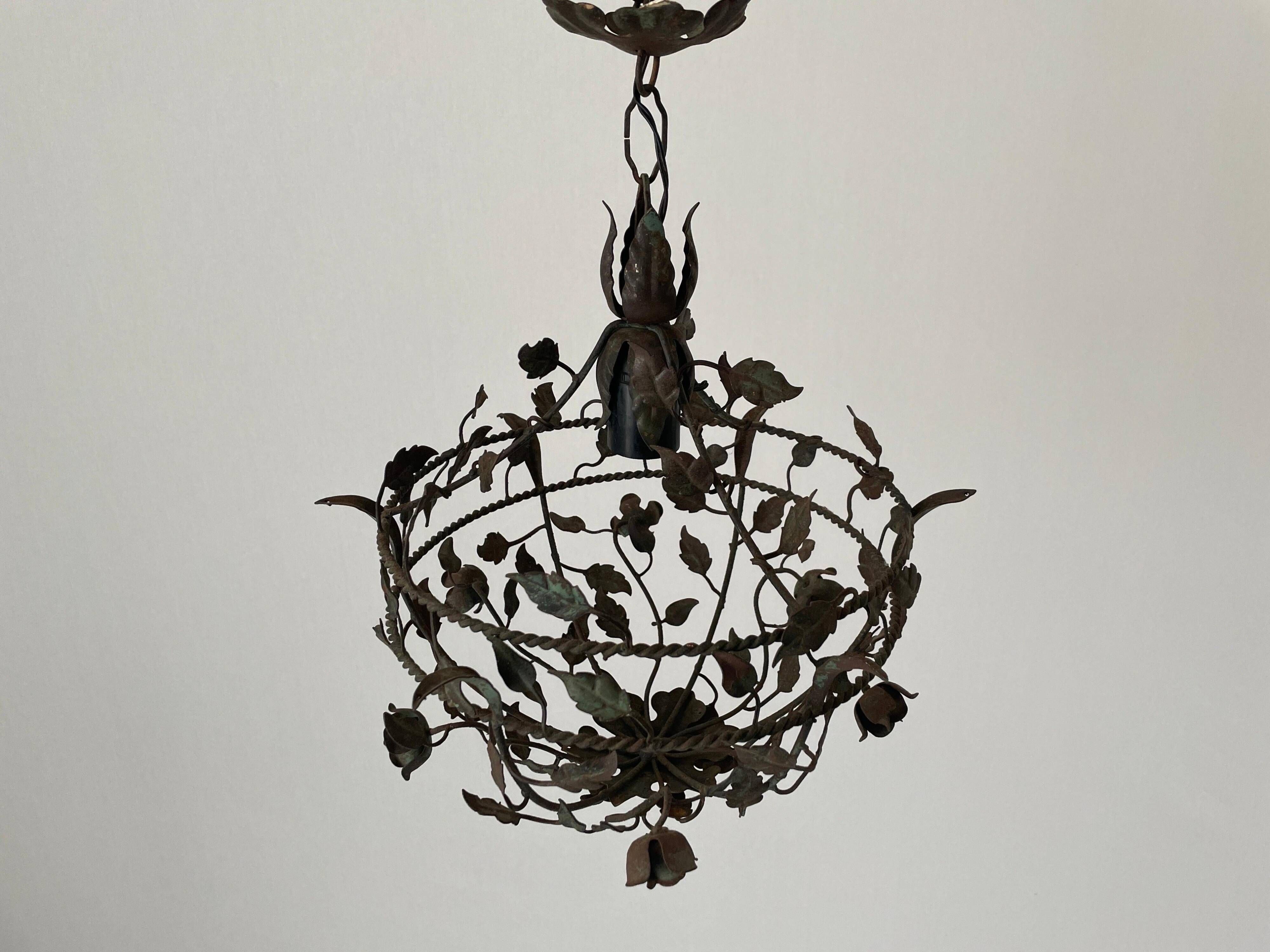 Patinated metal ceiling light with a floral and leaf pattern, 1950s, Italy.