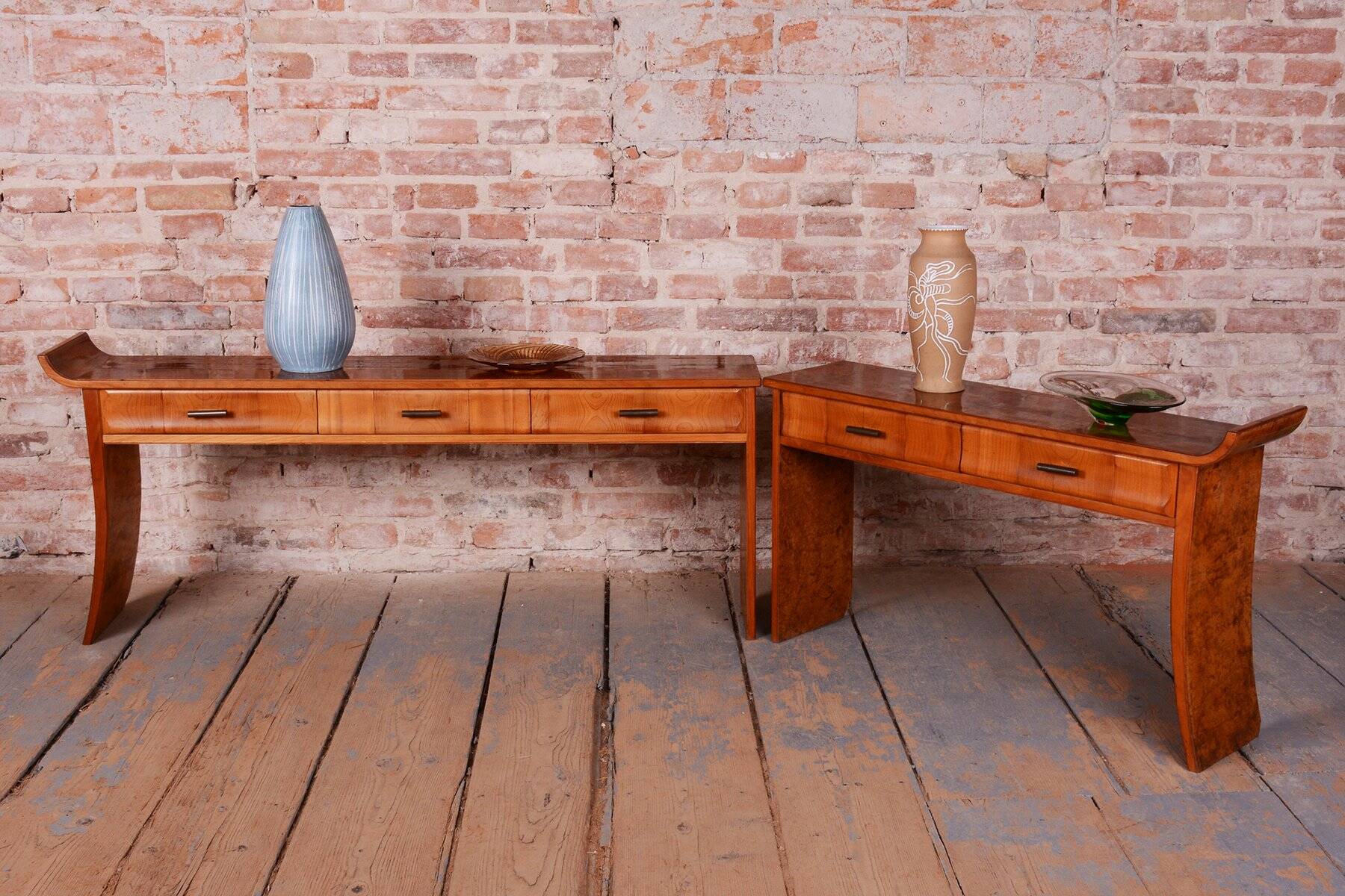 Console Tables in Walnut and Cherry, Czech, 1920s, Set of 2