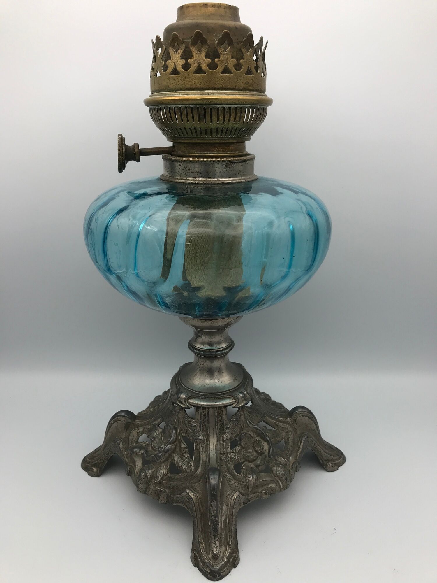 Regulated kerosene lamp foot baroque style blue glass bowl