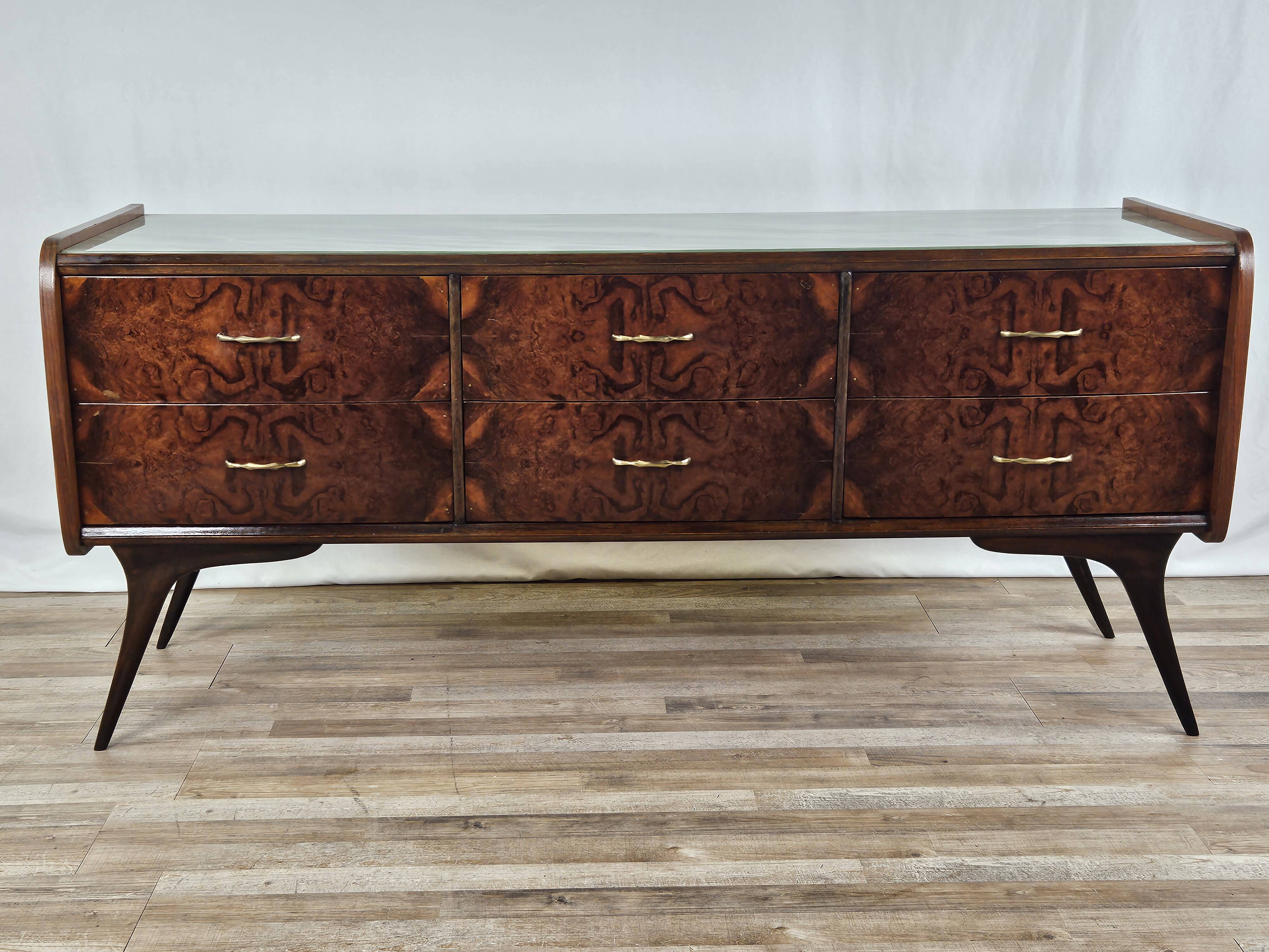 Commode des années 1960 avec verre et six tiroirs