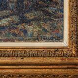 Atmospheric Signed Impressionist Oil - Barges in a Port