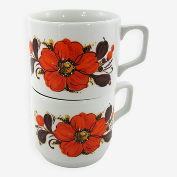 2 grandes tasses Tognana made in Italy- décor floral rouge orangé - vintage années 70