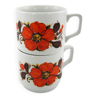 2 grandes tasses Tognana made in Italy- décor floral rouge orangé - vintage années 70