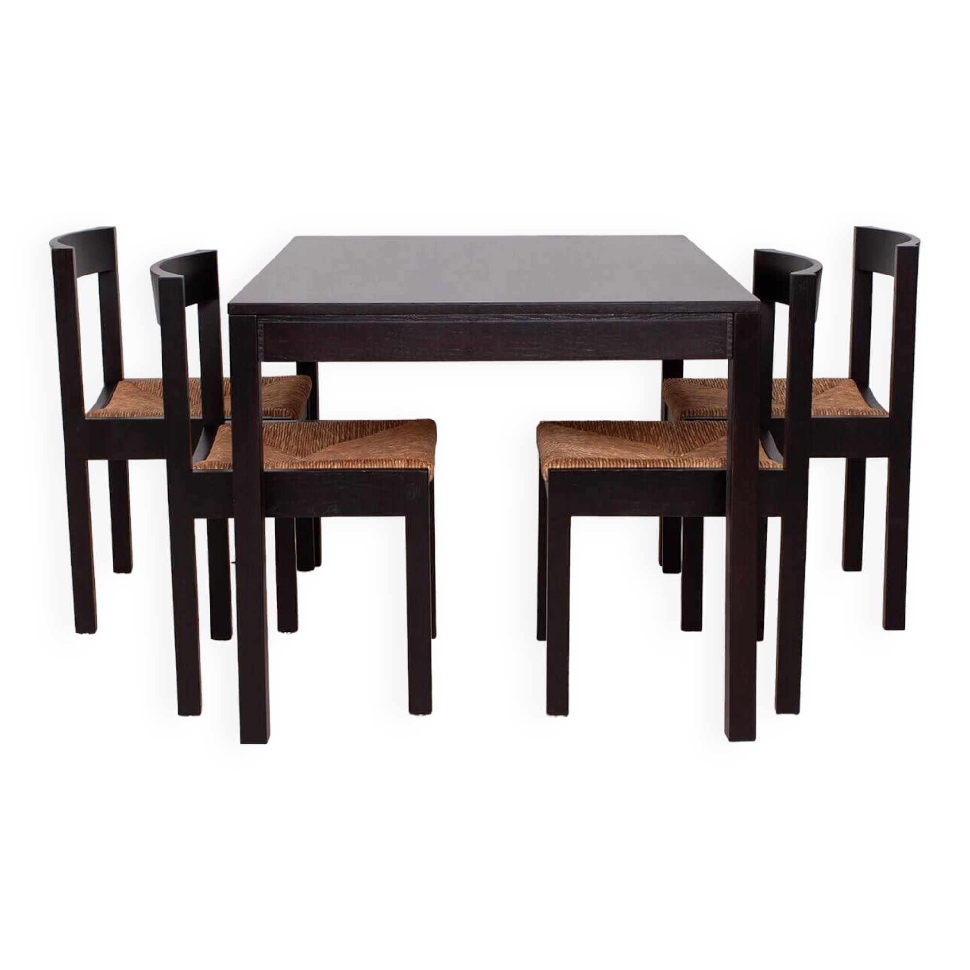 Vintage dining set, 4 chairs, extendable dining table, rope seating, 1970s