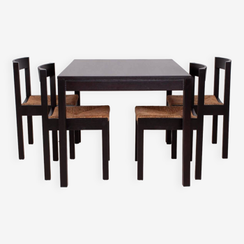 Ensemble de salle à manger vintage, 4 chaises, table à manger extensible, sièges en corde, années 1970