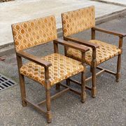 2 Henri II armchairs in solid wood and yellow-beige velvet.
