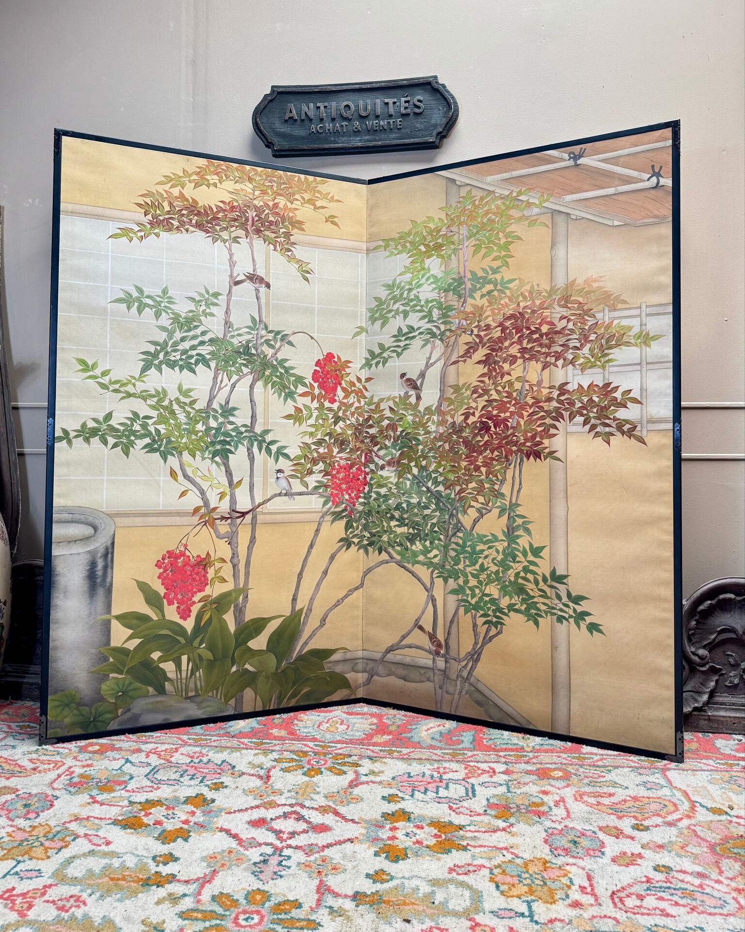 Two-panel screen with a decoration of plants and birds, Japan.