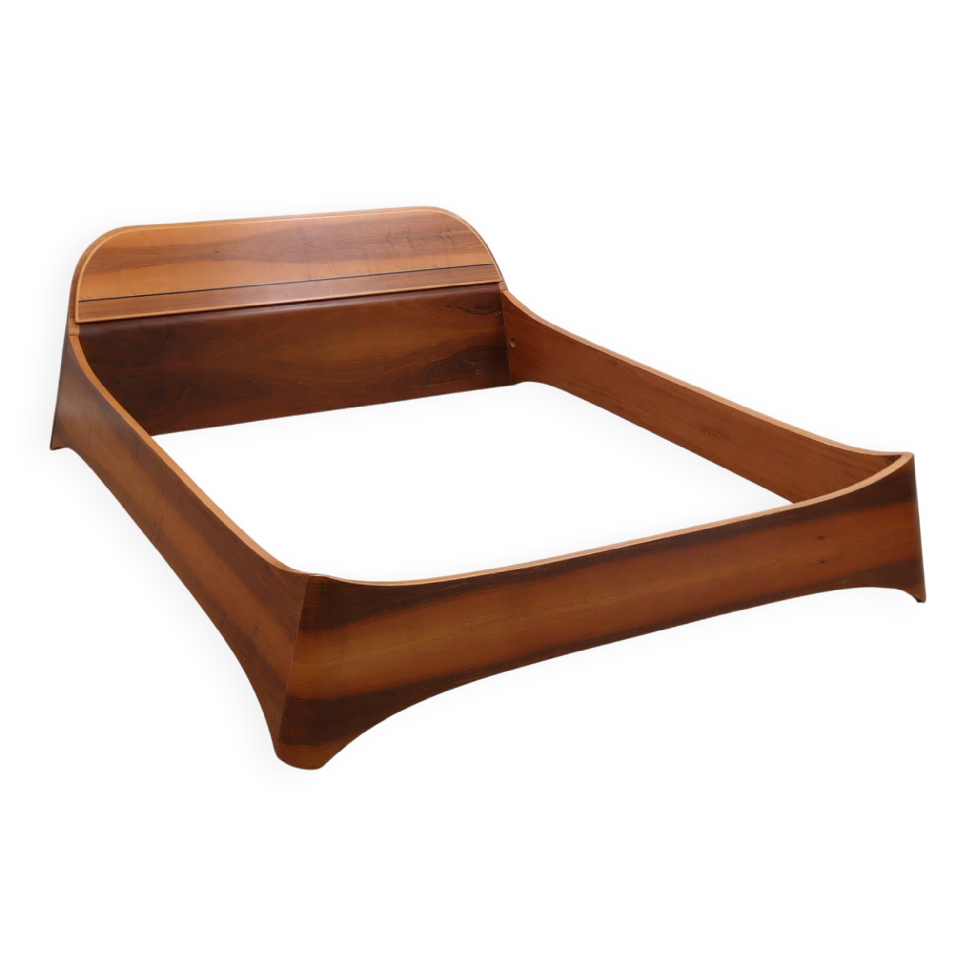 Italian 1970s Curved Walnut Bed Frame with Storage Headboard