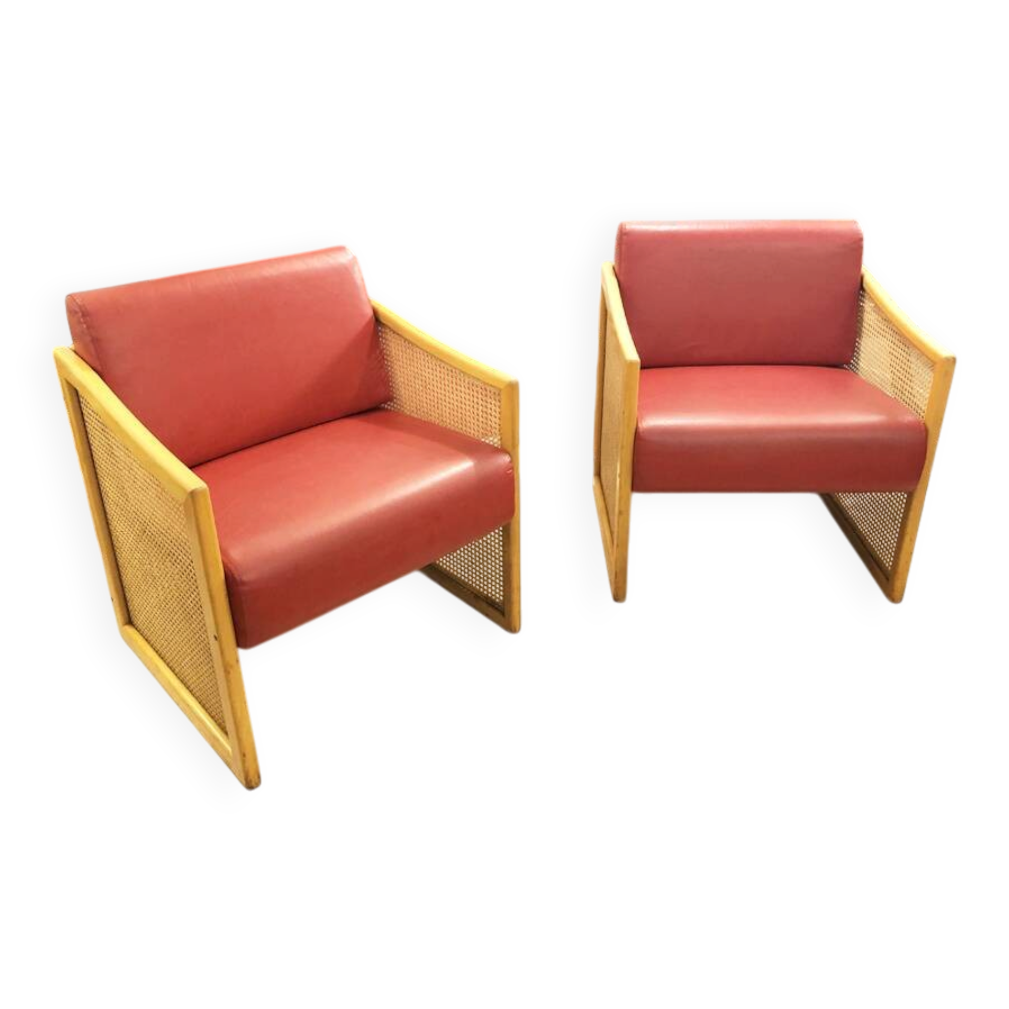 Pair of vintage wooden and caned armchairs – 1980