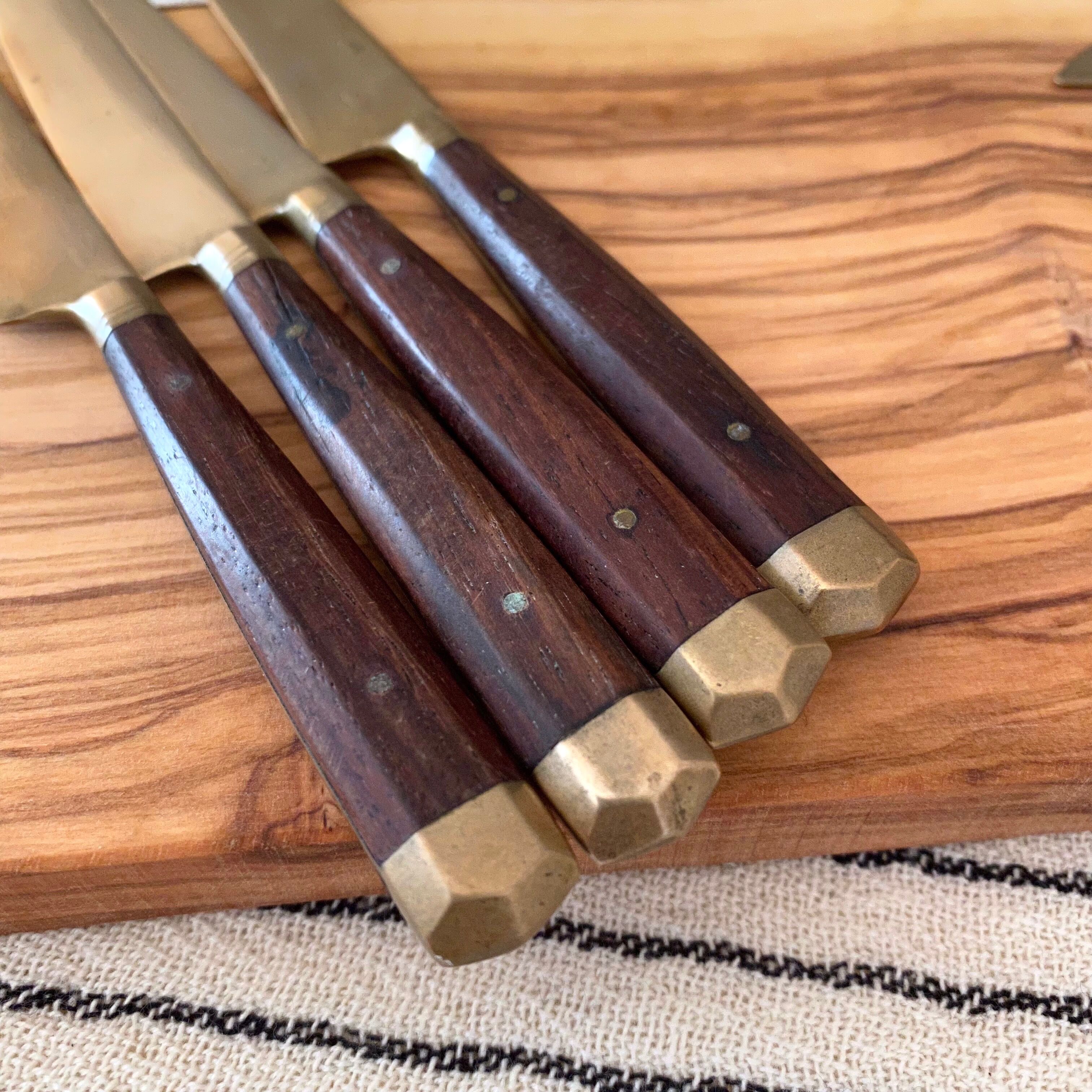 8 Vintage Knives, Antique Fruit Knives, Wooden Knife Set, Brass, Mid Century Cutlery.