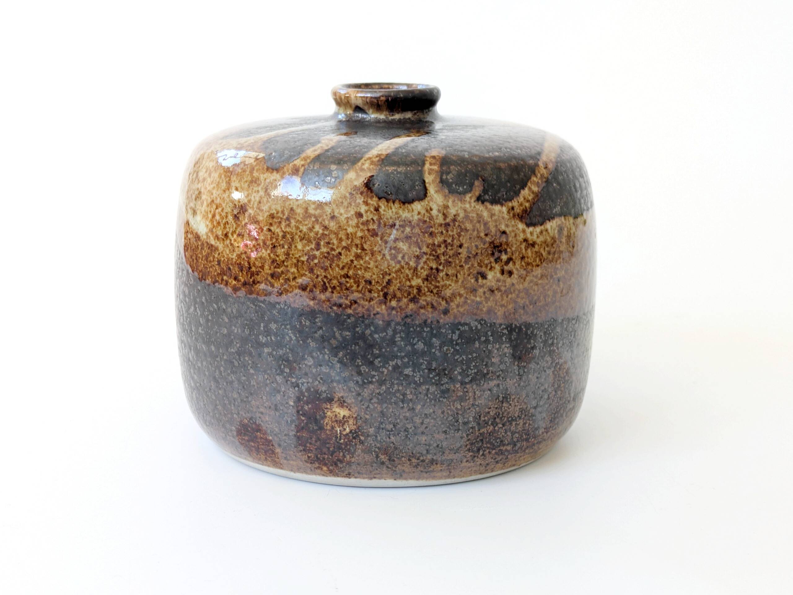 Round stoneware vase, brown and cream glaze, vintage handmade pottery