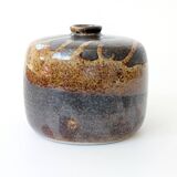 Round stoneware vase, brown and cream glaze, vintage handmade pottery