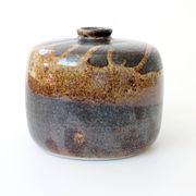 Round stoneware vase, brown and cream glaze, vintage handmade pottery