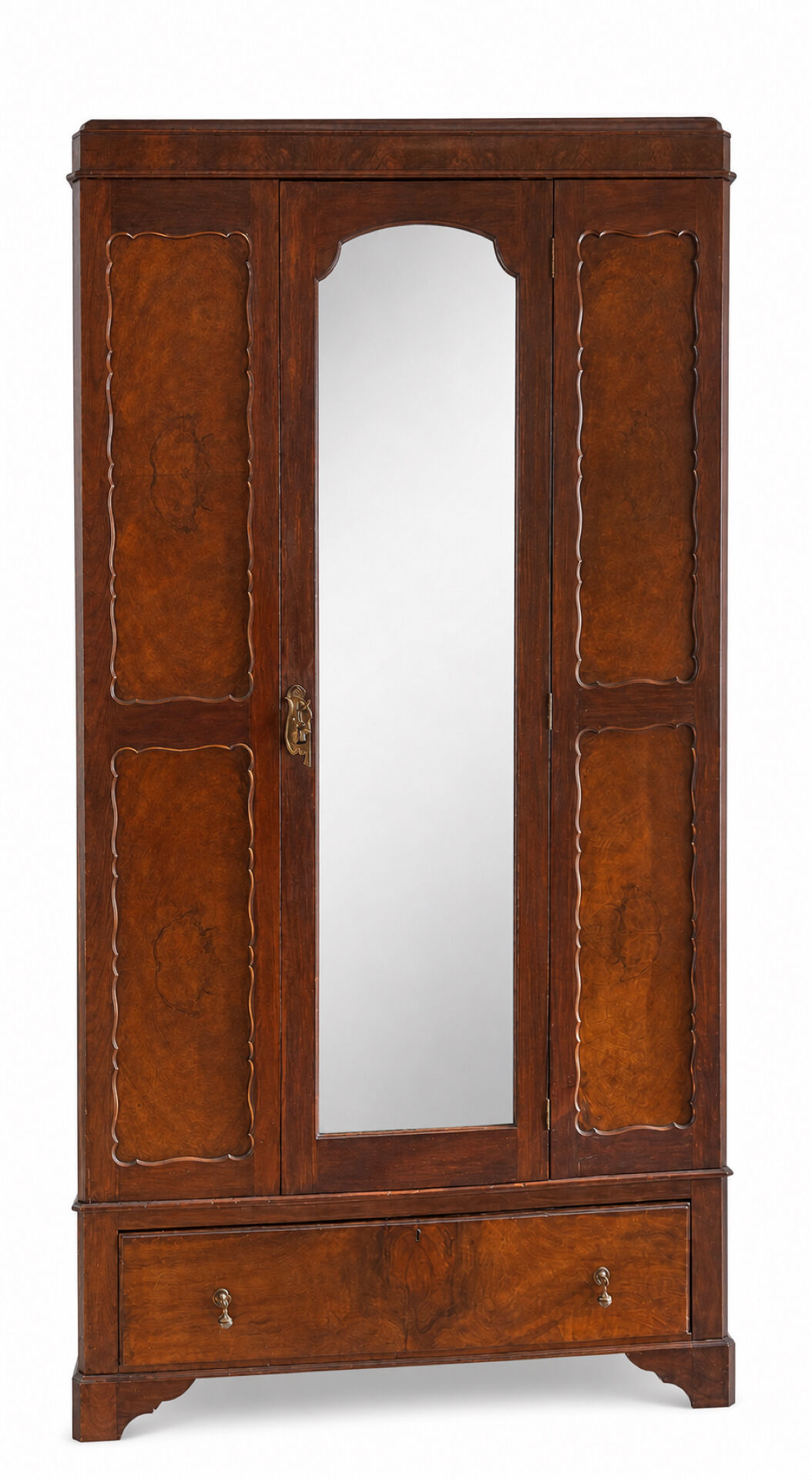 Antique walnut burl wardrobe with central mirror and large drawer.