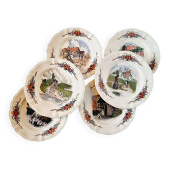 Lot de 6 Postre Platos en Faïence Porcelana de Sarreguemienes Modelo Obernai avec 3 scènes campe