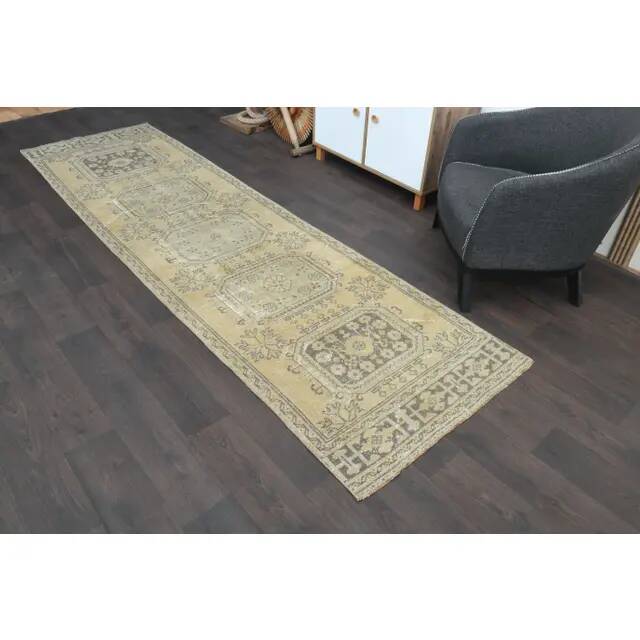1970s Turkish Oushak Handmade Wool Cotton Orange Runner Rug 93x332