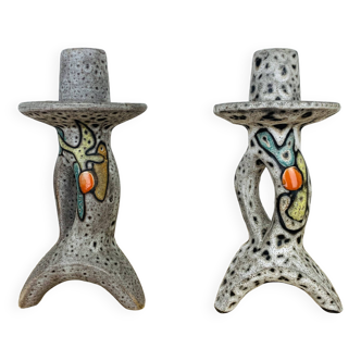 Pair of ceramic candlesticks by Marius Bessone in Vallauris