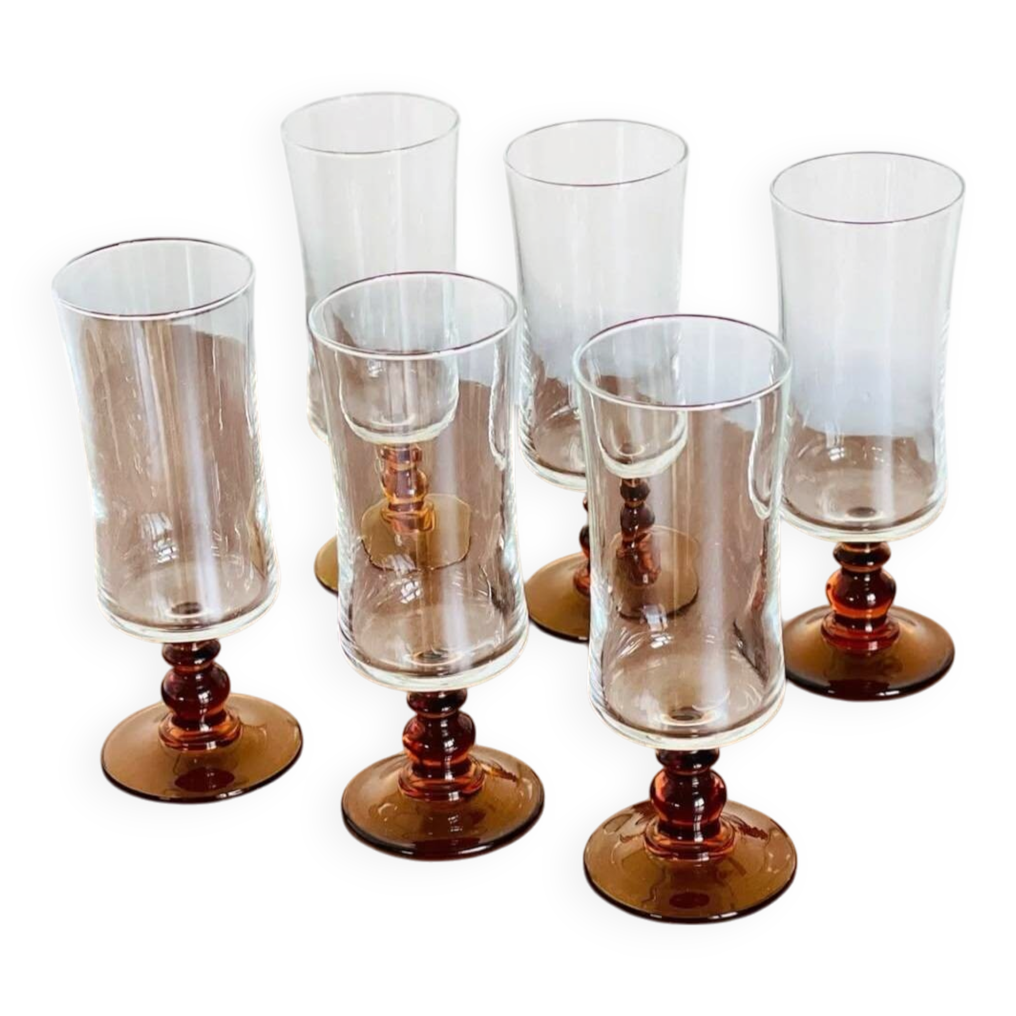 6 flûtes à champagne pied ambré, années 70