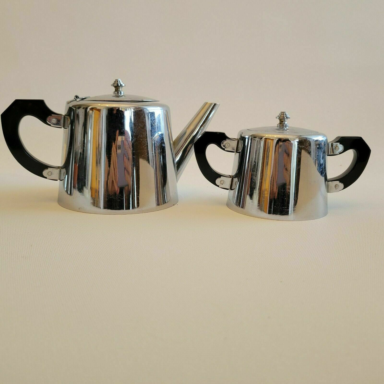Teapot and sugar pot stainless steel vintage art deco style