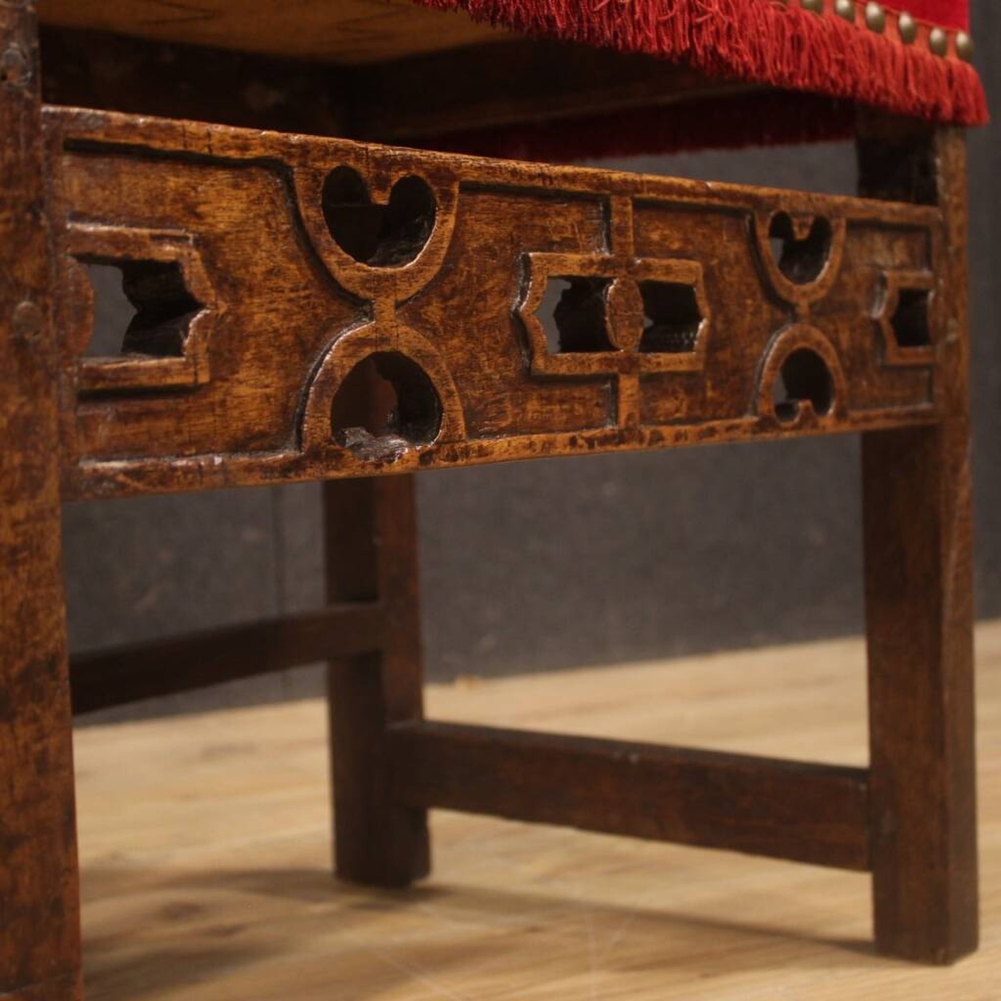 Antique Italian Walnut Armchair With Red Fabric From 19th Century