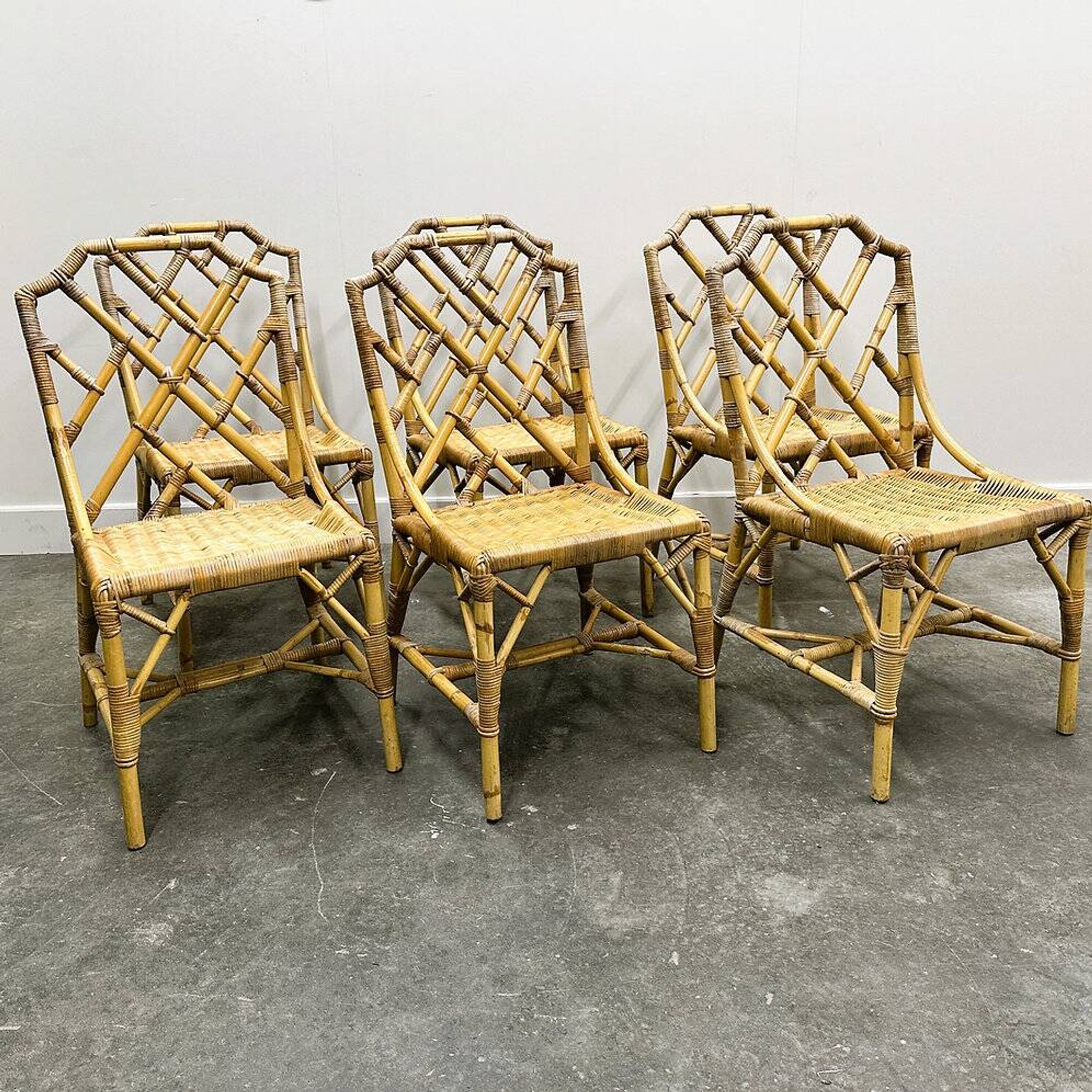 Set of six English "Invincible" bamboo and rattan chairs by Angraves, 1970s
