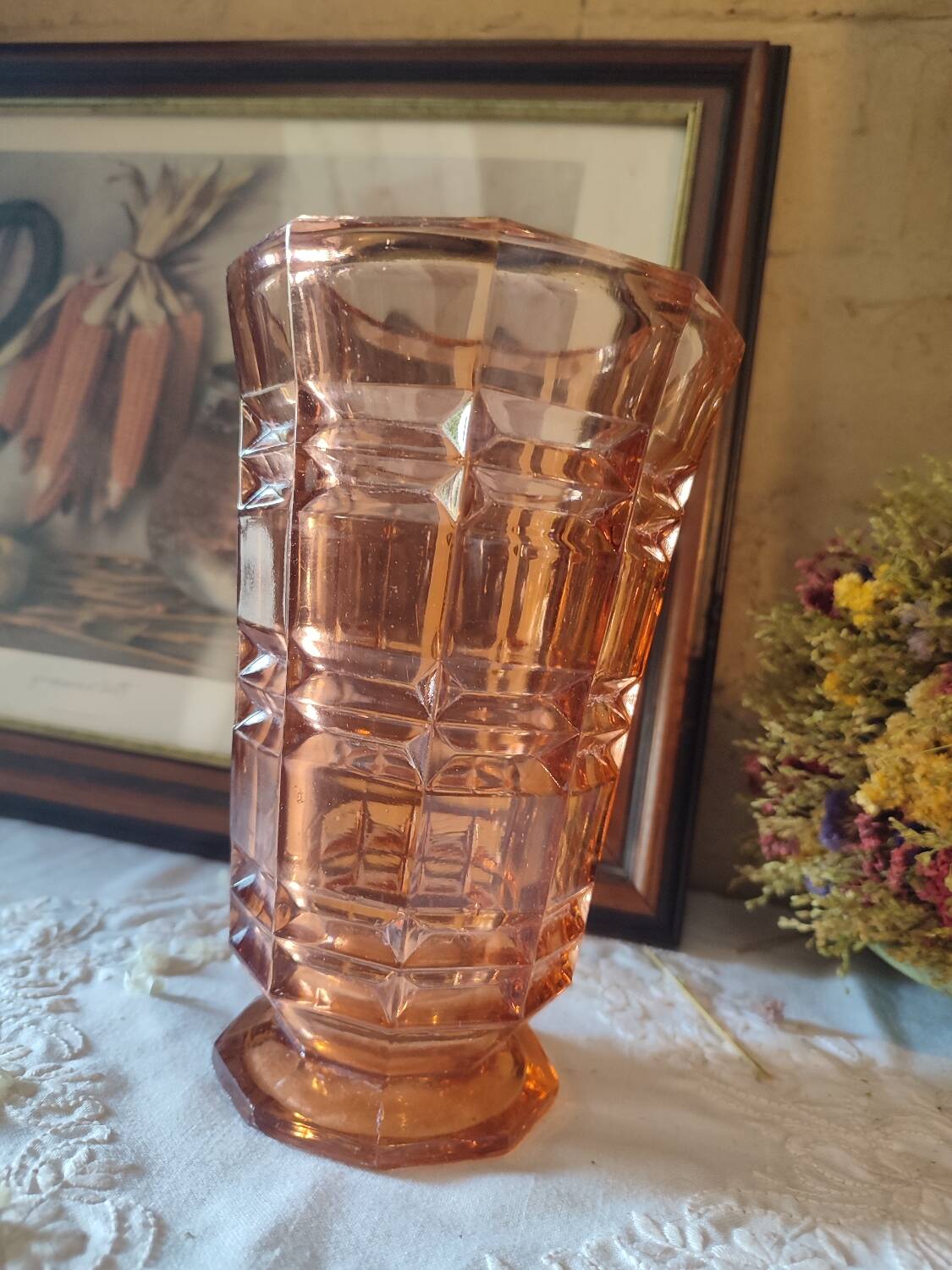 Art Deco style pink molded glass vase