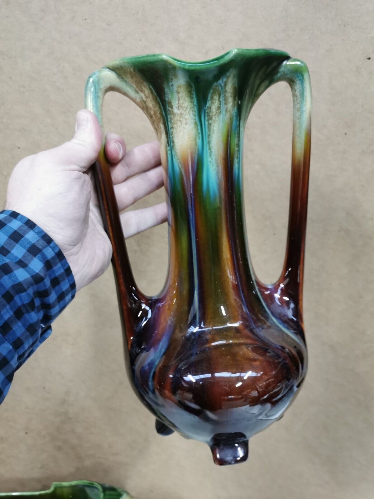 Pair of Vases + Art Nouveau Planter Slip / Faience BELGIUM