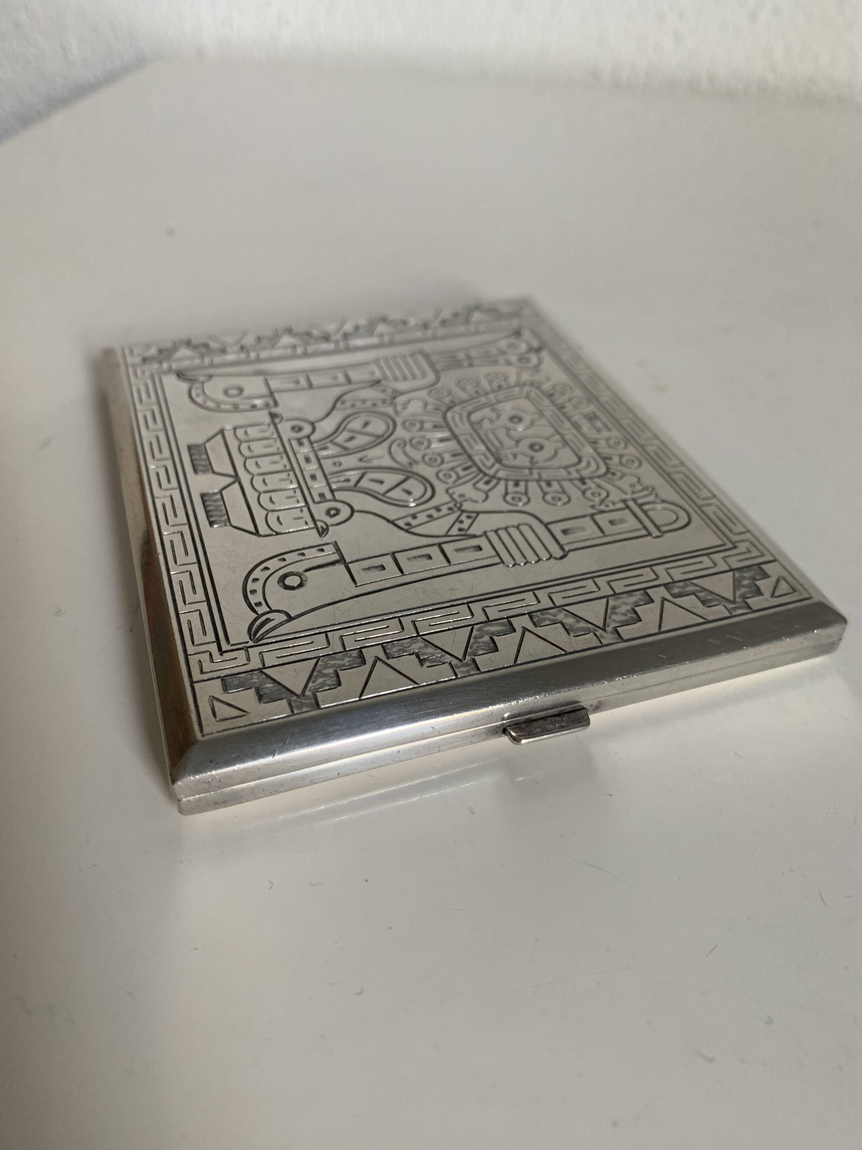 Vintage 1930 cigarette case Inca sterling silver 925 - 9.8 x 8.4 cm