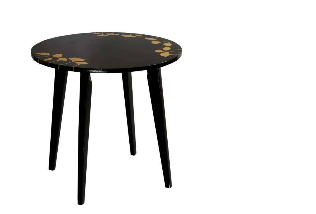 Black side table made of pine, hand-painted with acrylic, decorated with golden leaves, 1960s.