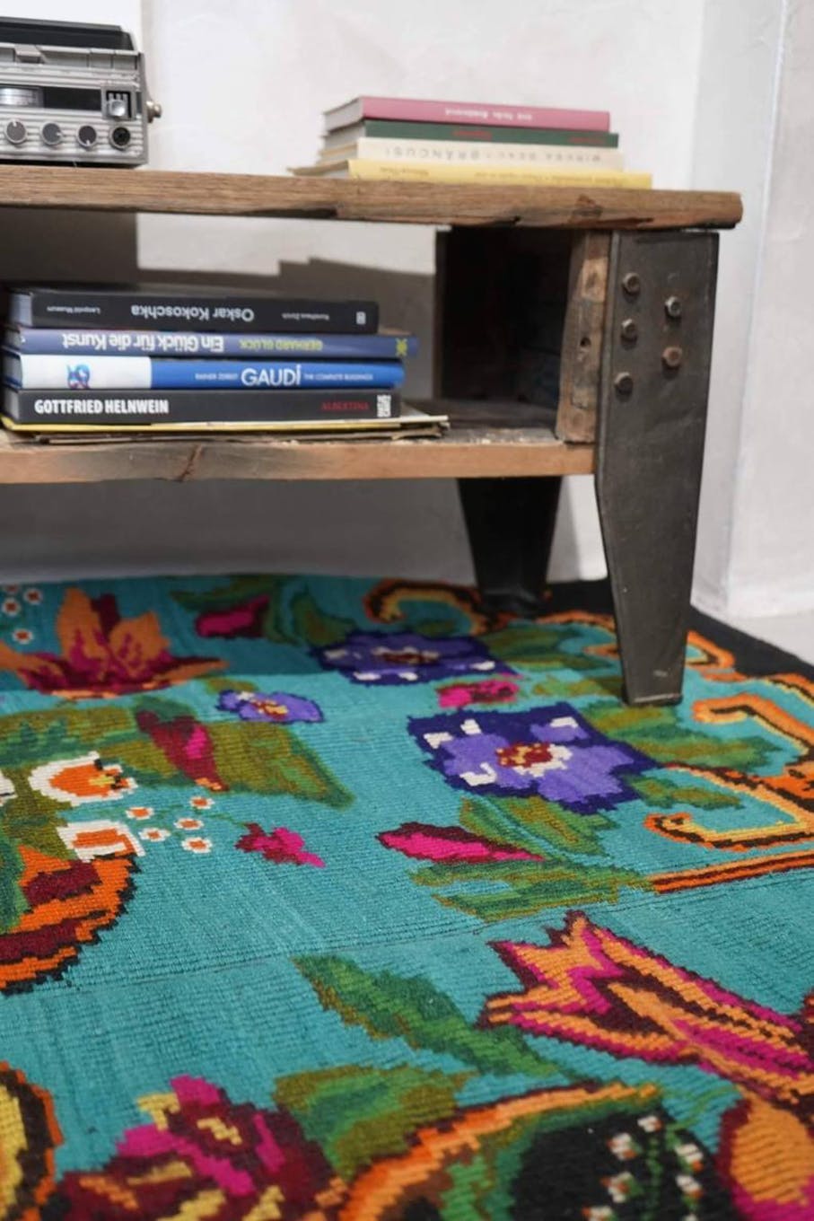 Turquoise floral wool rug, handmade in Romania. Vintage carpet 230X153 cm