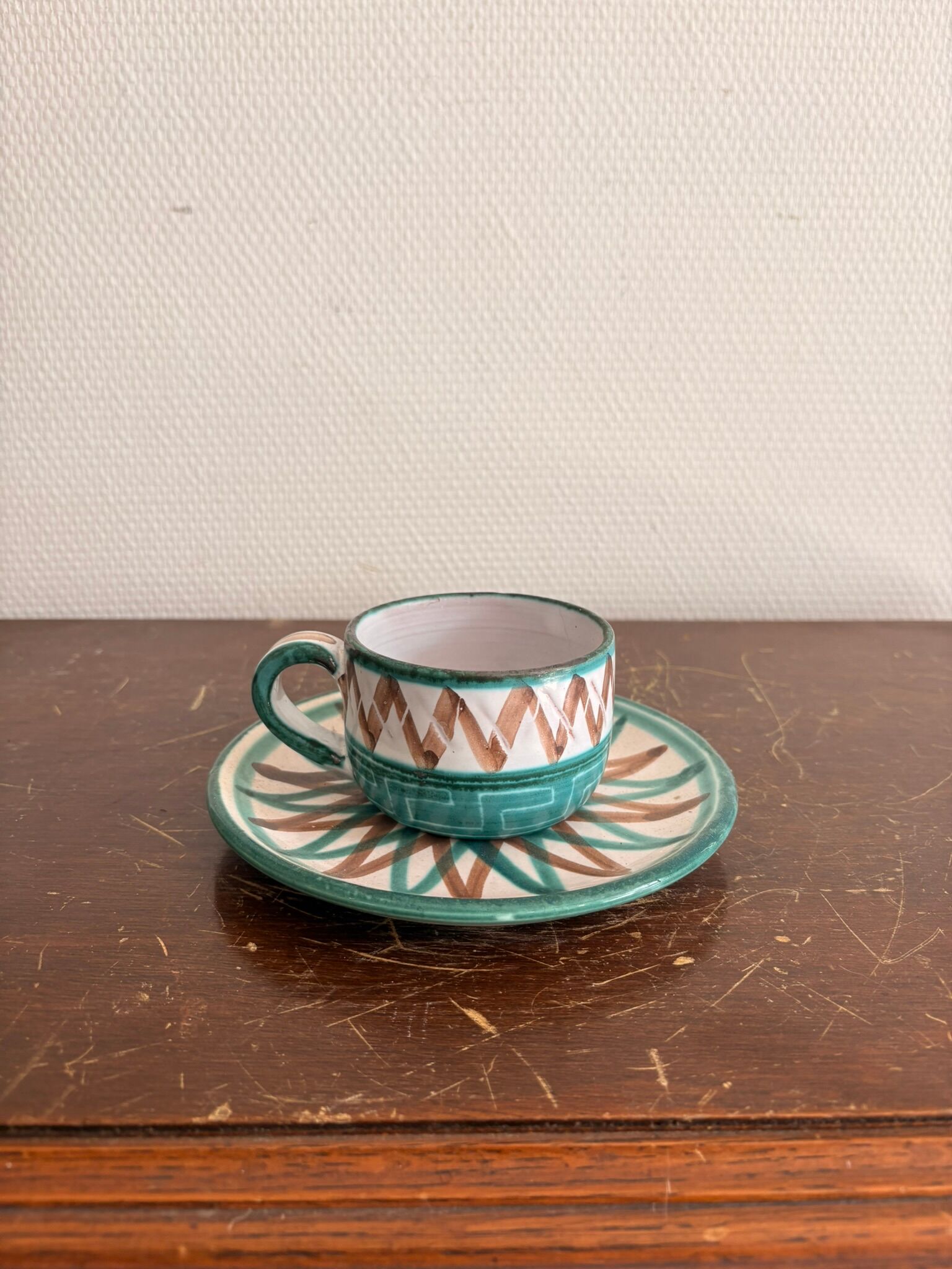 Cup Saucer Ceramic Vallauris Robert Picault Vintage 50's Geometric