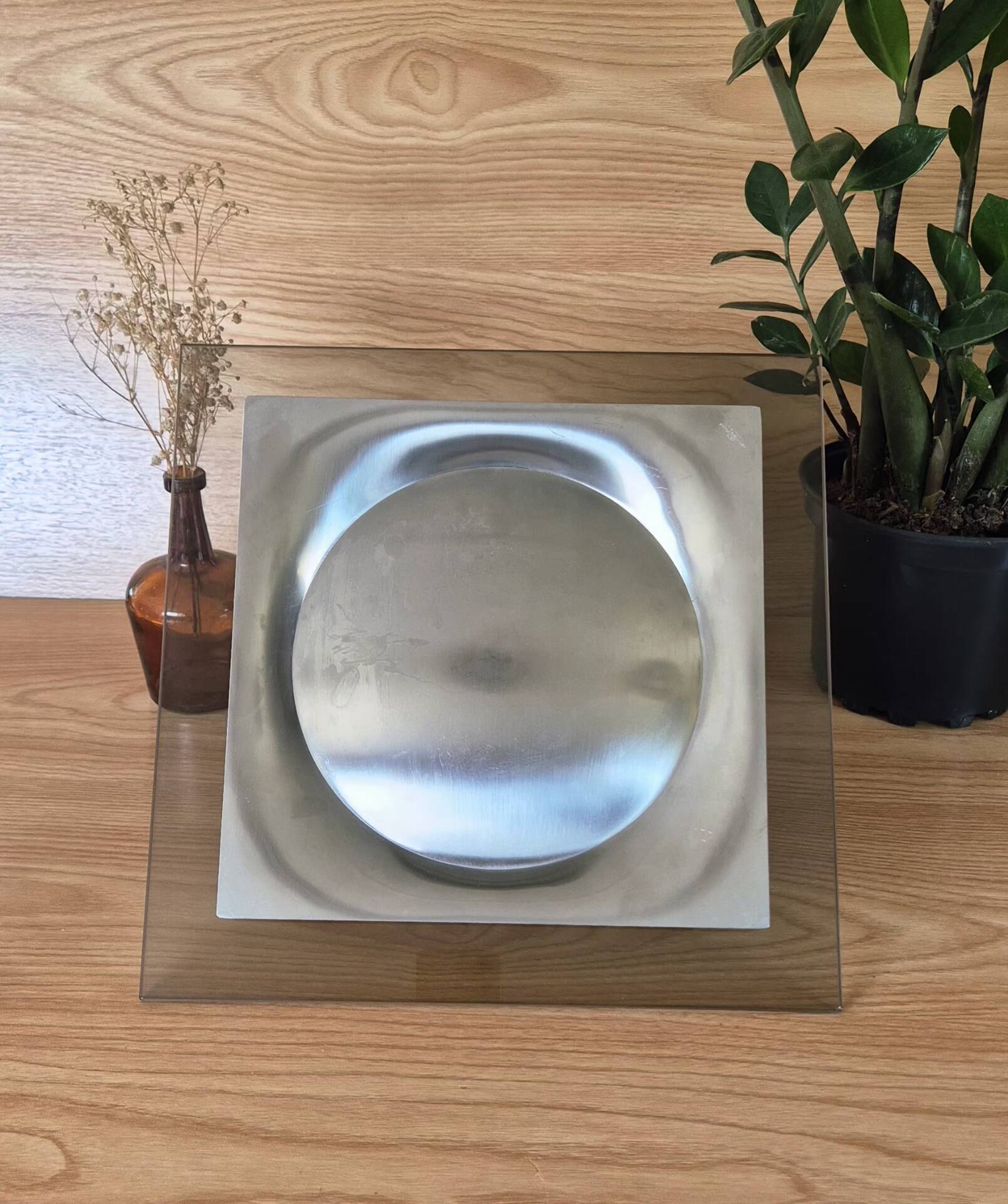 Space age 1970 vintage rotating cheese platter smoked glass chrome