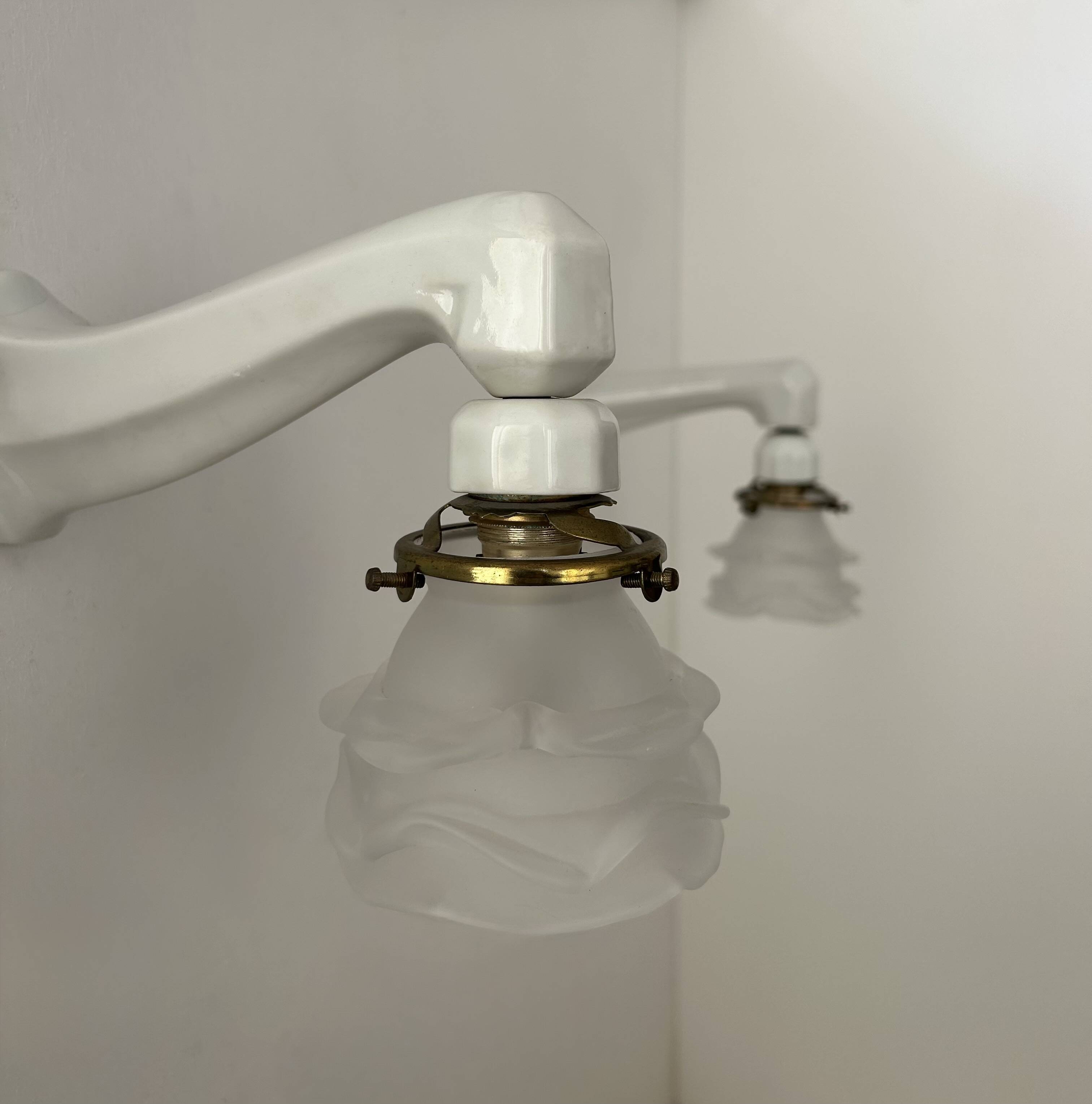 Pair of vintage art deco wall lights, porcelain and sandblasted glass, France 1930