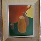 Old painting, oil on canvas from the 1950s, 3 pitchers and a timpani in 5 colors
